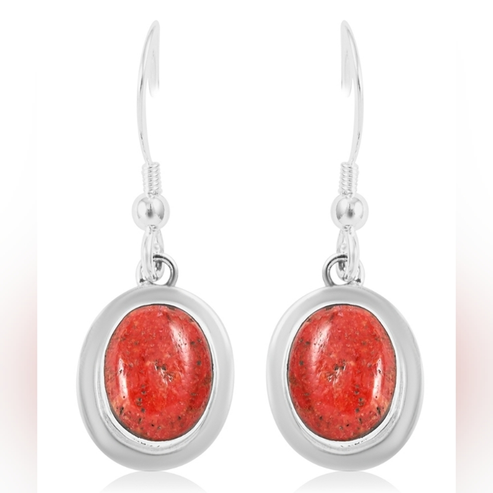 SANTA FE Style Coral Oval Dangle Earrings in Sterling Silver